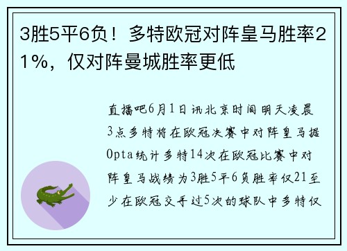 3胜5平6负！多特欧冠对阵皇马胜率21%，仅对阵曼城胜率更低
