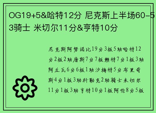 OG19+5&哈特12分 尼克斯上半场60-53骑士 米切尔11分&亨特10分