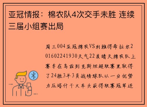 亚冠情报：棉农队4次交手未胜 连续三届小组赛出局